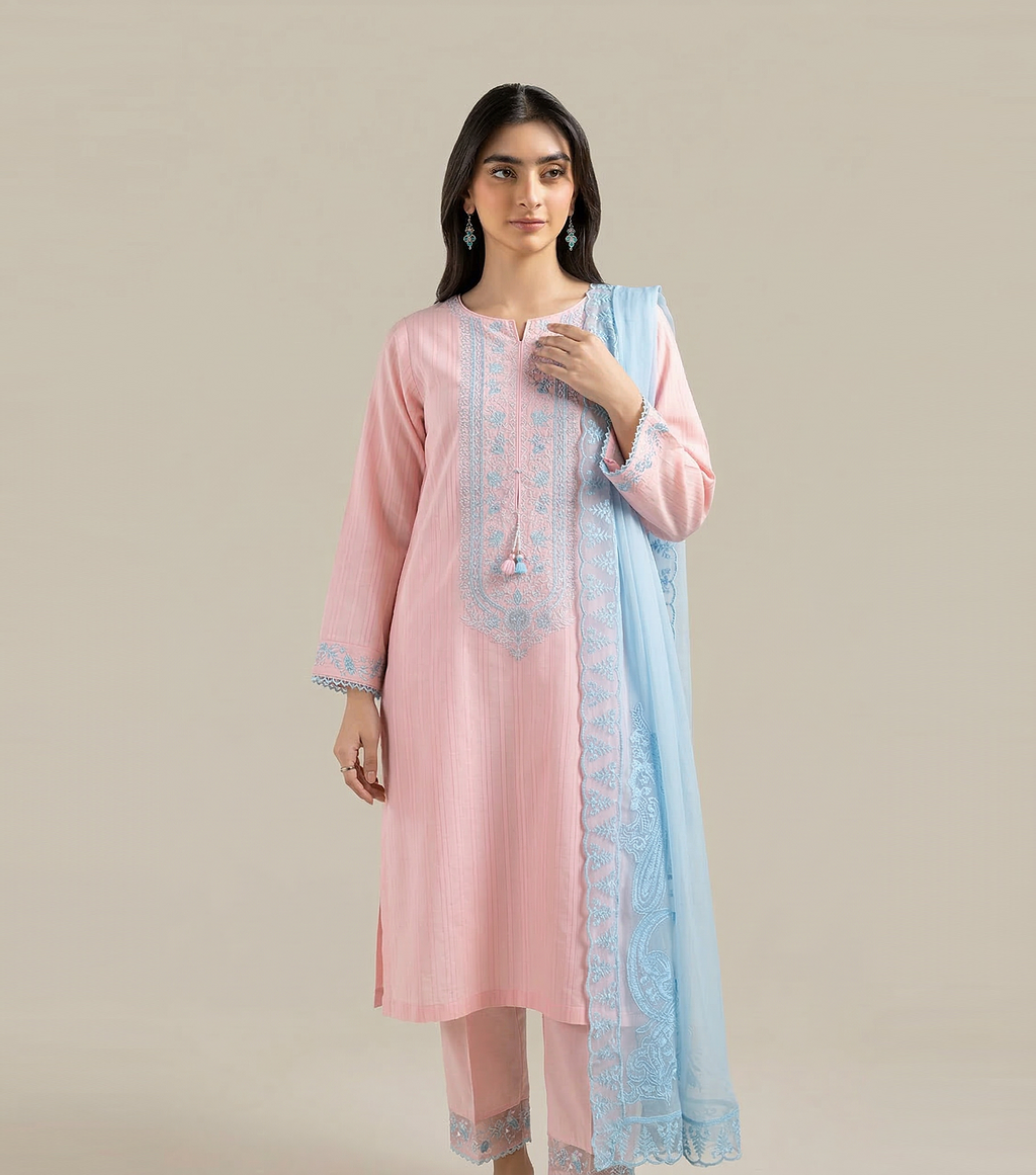3 Piece Slub Lawn Suit - Embroidered