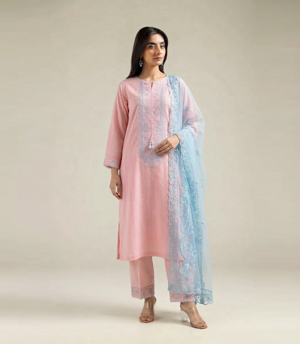 3 Piece Slub Lawn Suit - Embroidered