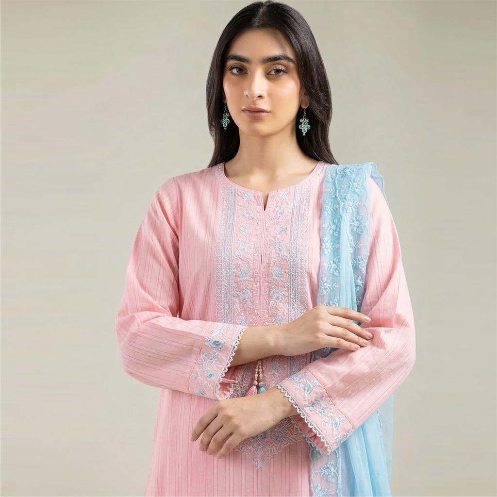3 Piece Slub Lawn Suit - Embroidered