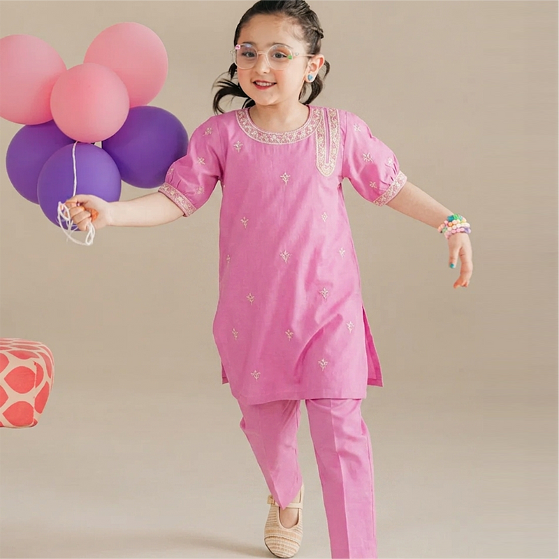Girls' 3 Piece Slub Cotton Suit - Embroidered