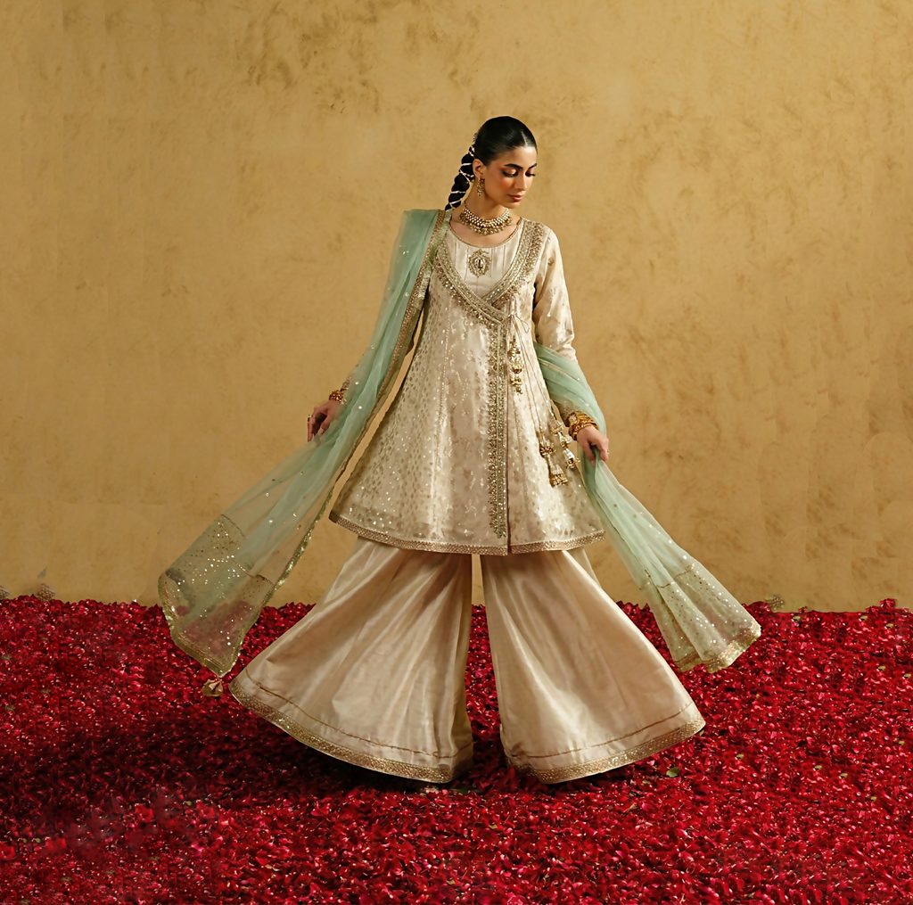 3 Piece Organza Jacquard Angrakha Cut - Luxury Pret (Embroidered)